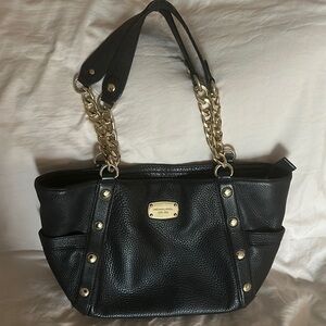 Michael Kors Black and Gold Textured Leather Shoulder Bag